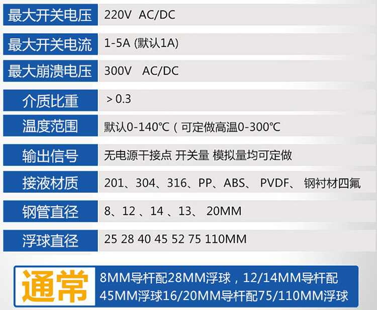 不銹鋼浮球液位計技術參數(shù)對照表